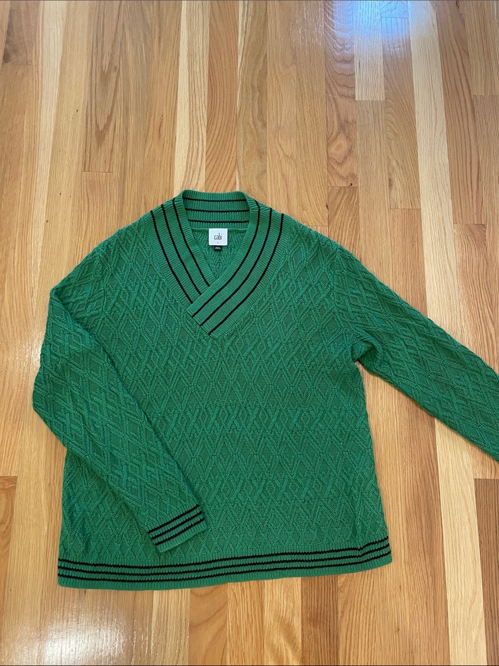 CAbi Green V-Neck Cable Knit Sweater with Black Stripe Trim